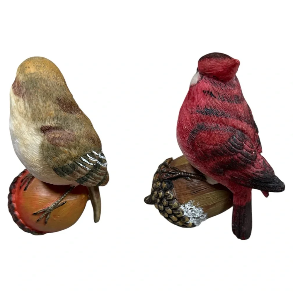 Cardinal & Finch Bird Acorn‎ Figurines Set Hand Painted Resin Fall Winter Decor